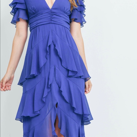 Womens Pleated Asymmetrical Knee Length Maxi long V-Neck Royal Blue dress Medium - Picture 7 of 7